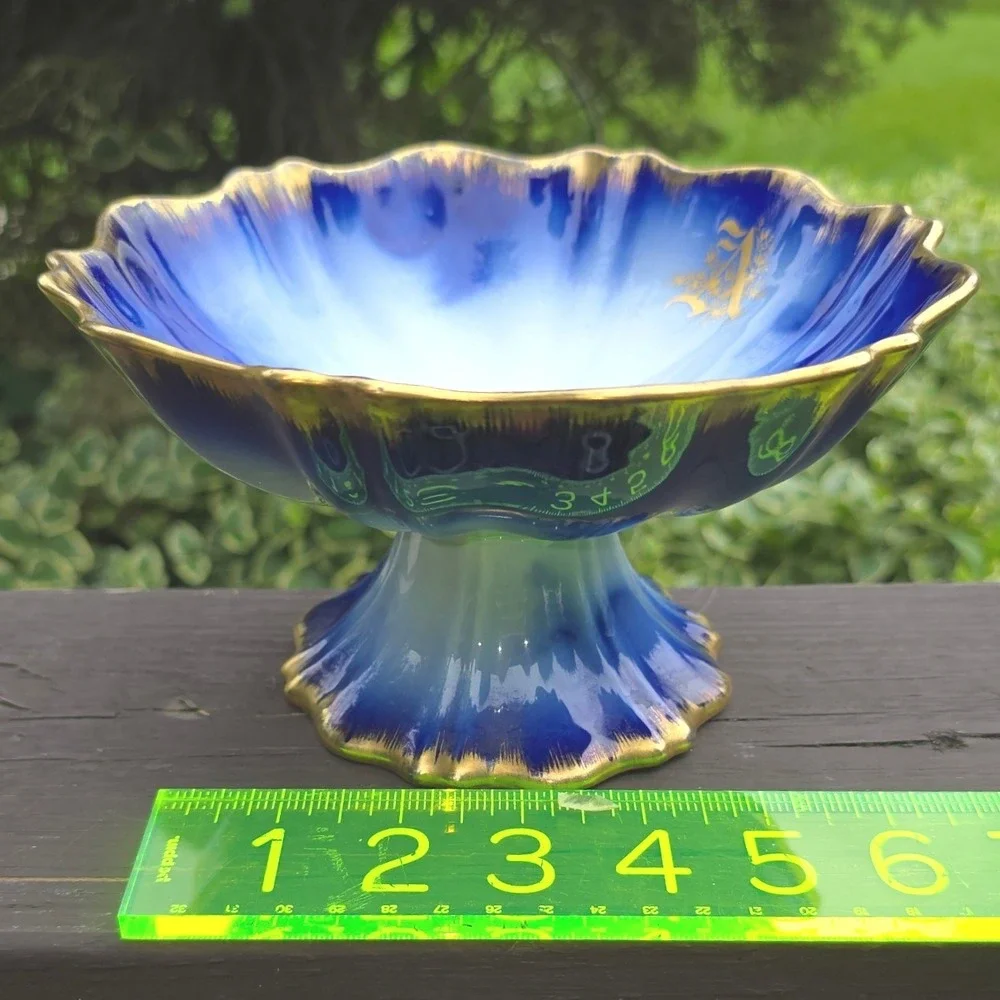 Antique Flow Blue Porcelain Pedestal Compote Bowl Gold Monogram A Scalloped